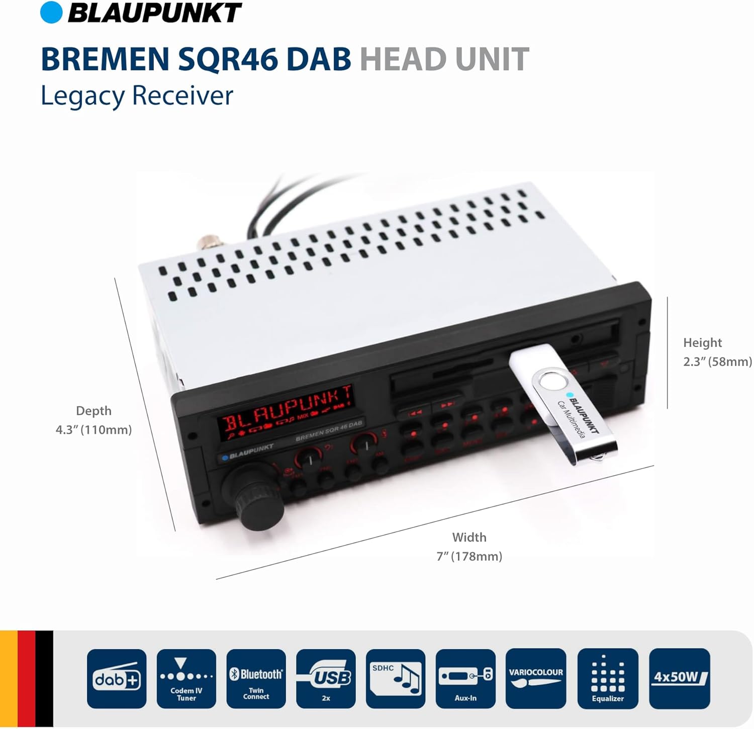 Bremen SQR 46 DAB, 1-DIN autoradio, Youngtimer-Design, DAB+, Bluetooth, kit mains libres, USB, entrée auxiliaire, SDHC, SD, commandes au volant, sortie subwoofer, Variocolour, 4x50 watts,12V Rétro
