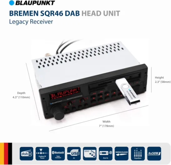 Bremen SQR 46 DAB, 1-DIN autoradio, Youngtimer-Design, DAB+, Bluetooth, kit mains libres, USB, entrée auxiliaire, SDHC, SD, commandes au volant, sortie subwoofer, Variocolour, 4x50 watts,12V Rétro