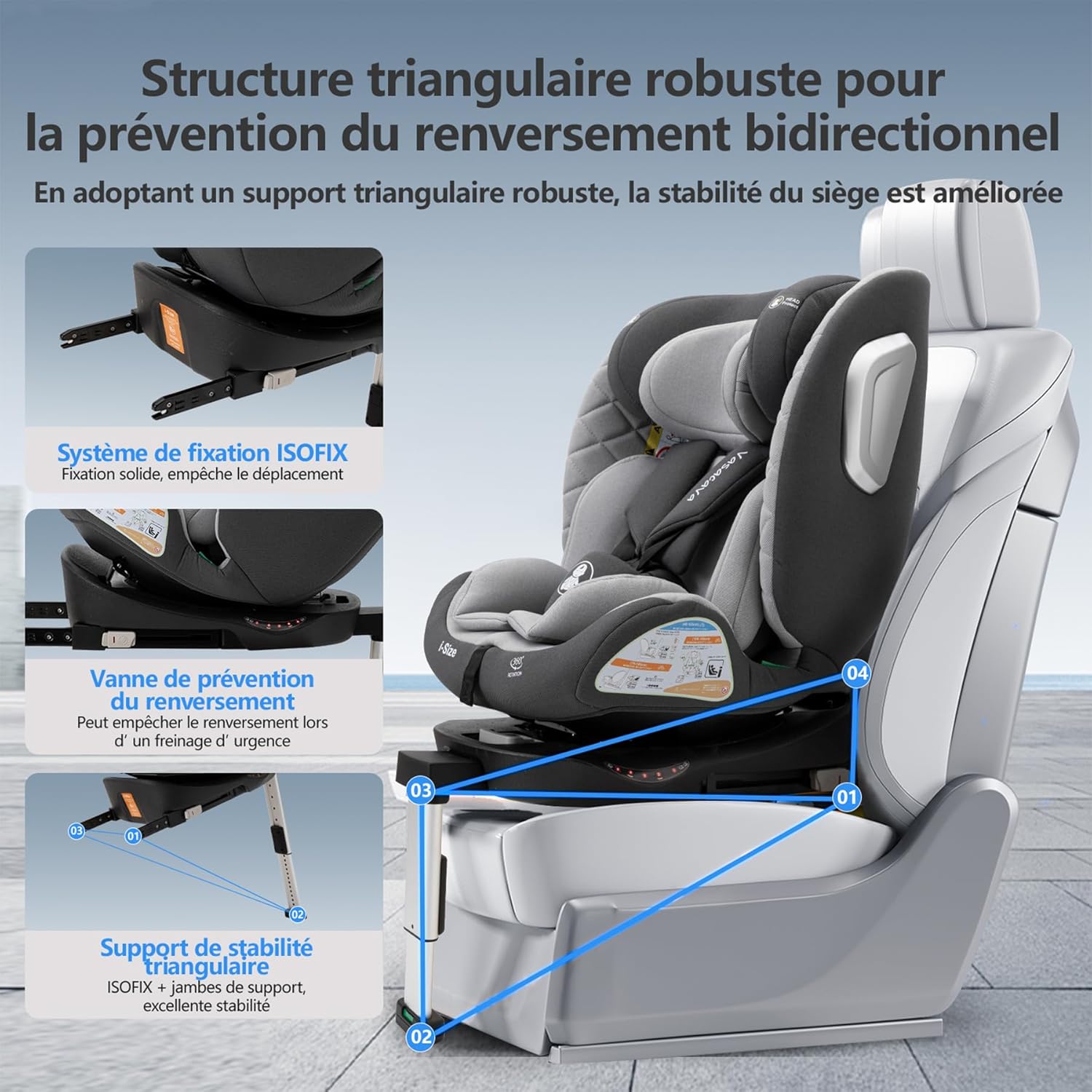 Siège Auto i-Size ISOFIX Pivotant 360°, 0-12 Ans (40-150 cm), Jambe de Force, Protection Anti-Chocs Latéraux, Certifié ECE R129 gris clair