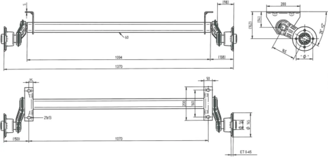 UNITRAILER Essieu de remorque 750 kg sans Frein Knott VG7 1070 mm, 1370 mm – Montage par boulons - Suspension à Torsion en Caoutchouc - essieu galvanisé prêt à Installer
