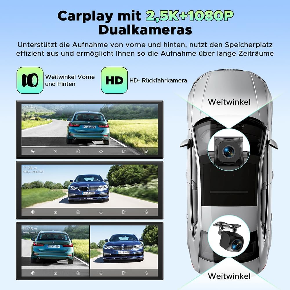 Écran CarPlay Voiture sans Fil 10,25 Pouces Autoradio Android Auto Stéréo Car Play avec Dashcam Avant 2,5K Caméra Arrière 1080P avec Navigation Bluetooth FM AUX Enregistrement Loop 64GB TF