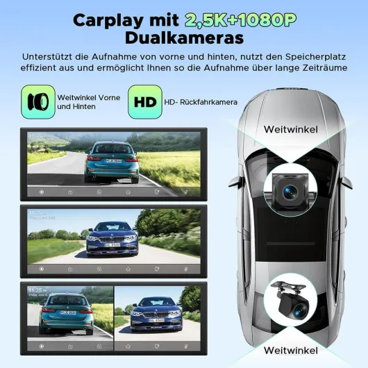 Écran CarPlay Voiture sans Fil 10,25 Pouces Autoradio Android Auto Stéréo Car Play avec Dashcam Avant 2,5K Caméra Arrière 1080P avec Navigation Bluetooth FM AUX Enregistrement Loop 64GB TF