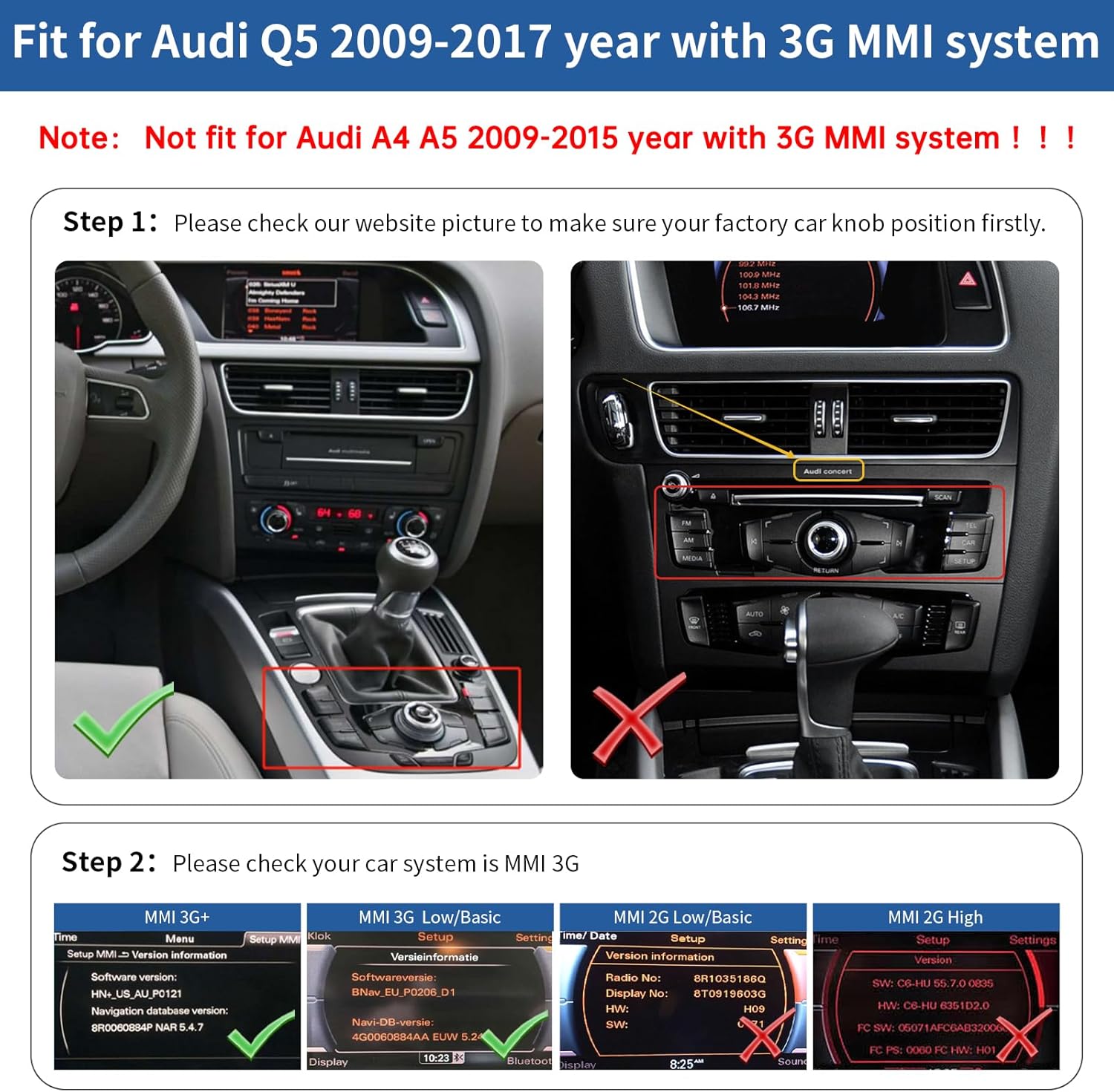 12.3 inch Car Radio sans Fil Ecran Tactile CarPlay pour Audi Q5 2009-2017 avec 3GMMI, écran multimédia stéréo pour autoradio, supportant Android Auto sans Fil, Navigation, Mirrorlink