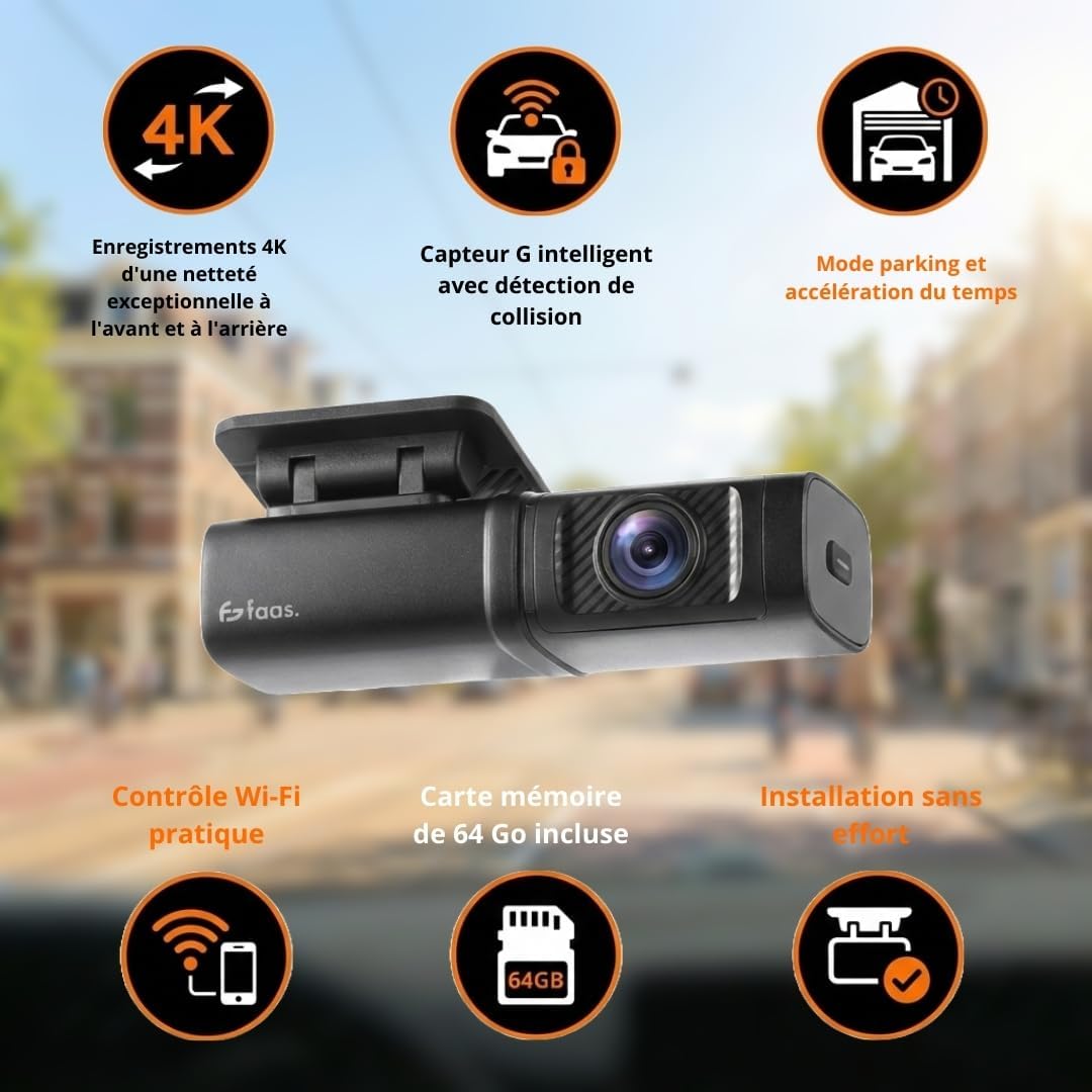 Faas S80 Dashcam Voiture 4K Ultra HD Avant et Arrière – Caméra de Voiture avec Carte 64Go Incluse, WiFi, Vision Nocturne, G-Sensor, Mode Parking & Grand Angle 160°