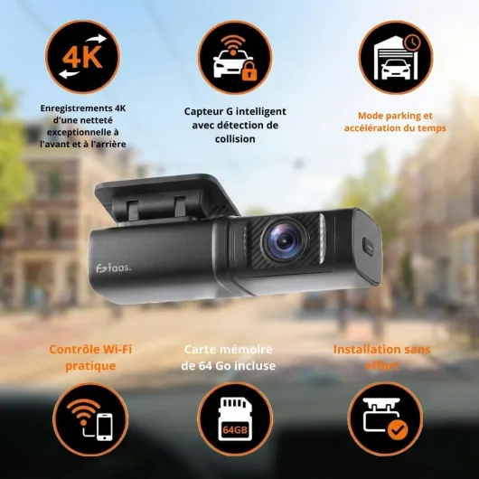 Faas S80 Dashcam Voiture 4K Ultra HD Avant et Arrière – Caméra de Voiture avec Carte 64Go Incluse, WiFi, Vision Nocturne, G-Sensor, Mode Parking & Grand Angle 160°