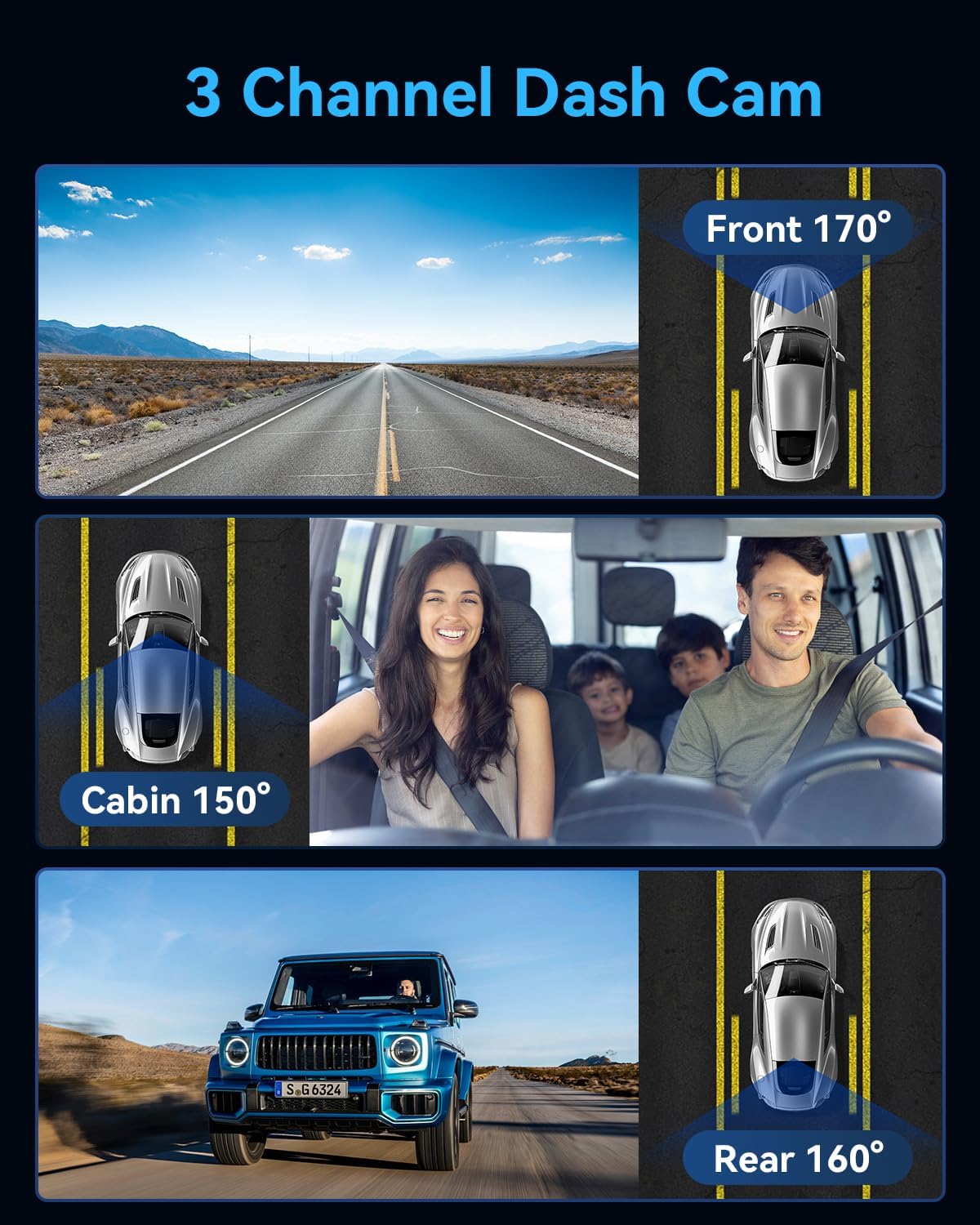 4K Dashcam Voiture Avant Arrière, Wi-FI GPS Caméra Voiture avec Carte SD 32G, Camera Voiture à 3 canaux Grand Angle 170°, Vision Nocturne,WDR,G-Capteur,Mode Stationnement 24H,Enregistrement en Boucle