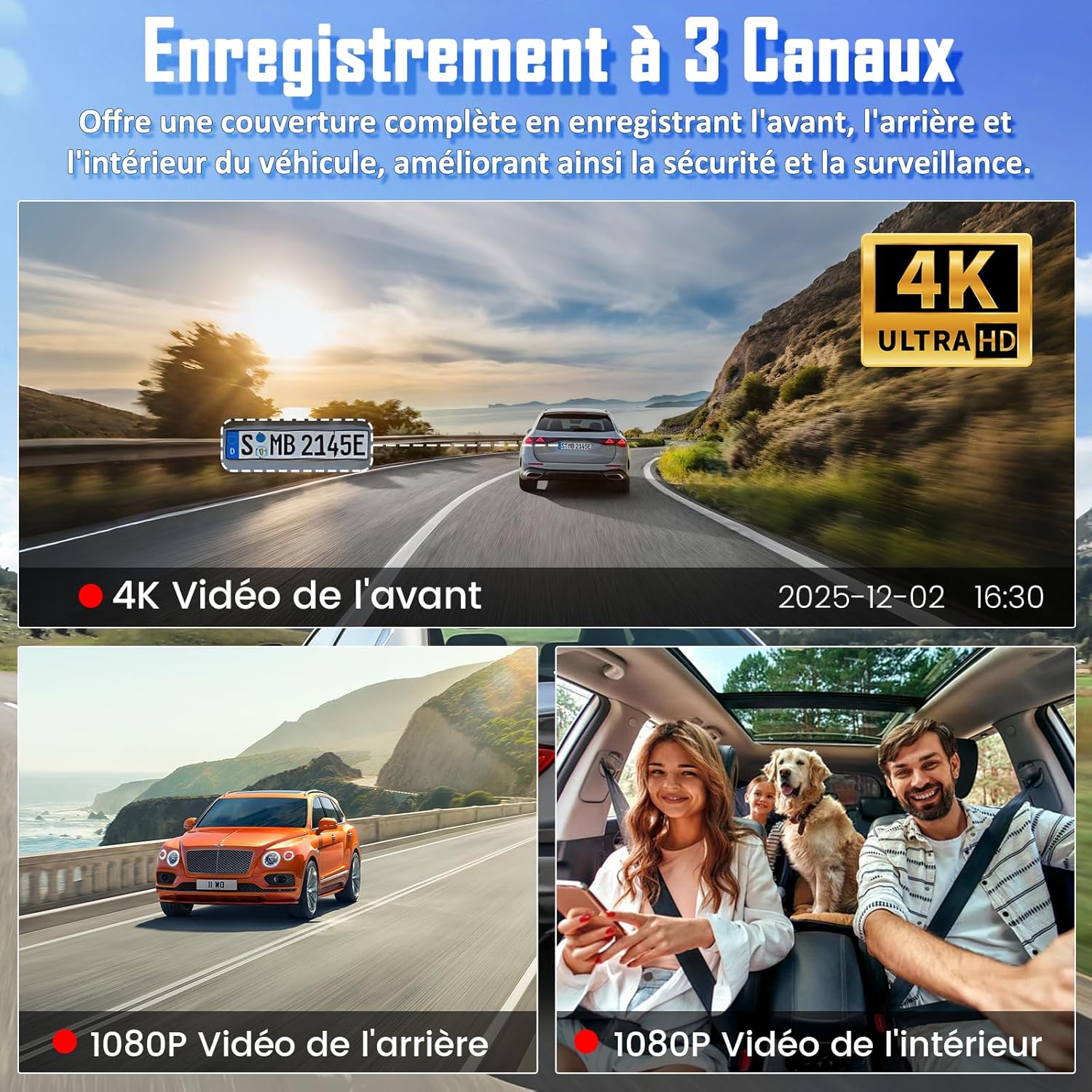 Dashcam Voiture Avant Arrière, 4K+1080P Caméra Embarquée avec Carte SD 64G, 1,97'' Écran, Grand Angle 170°, Vision Nocturne, WDR, G-Capteur, Mode Stationnement 24H, Enregistrement en Boucle