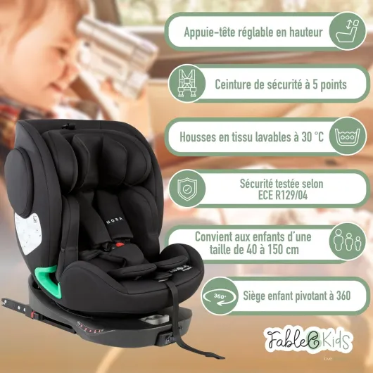 FableKids Siège enfant NORA noir - Siège auto i-Size pivotant à 360° 40-150 cm - Siège dos à la route avec ISOFIX et jambe de force - Appuie-tête et dossier réglables en hauteur - Certifié ECE R129/04