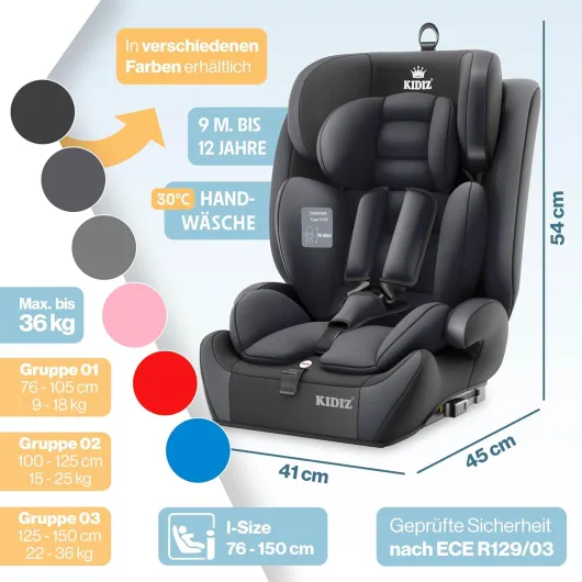 KIDIZ Siège auto pour enfant, groupe 1, 2 et 3, de 9 à 36 kg, avec ceinture de sécurité 5 points, siège auto, appuie-tête réglable, anthracite, siège auto pour enfant avec Isofix