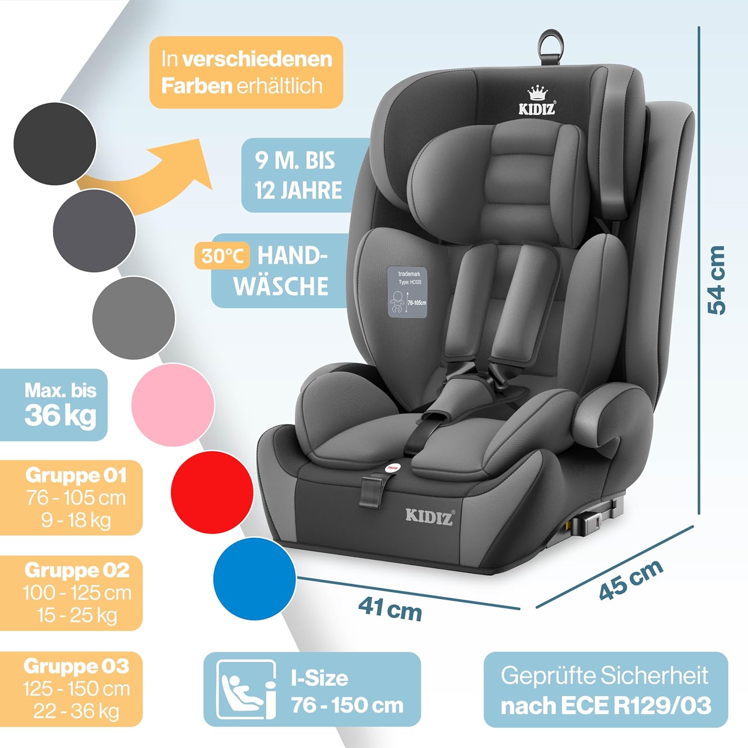 KIDIZ Siège auto pour enfant, avec groupe Isofix, groupe 1, 2 et 3, 9 à 36 kg, ceinture de sécurité 5 points, siège auto, appuie-tête réglable, rehausseur de siège évolutif de 1 à 12 ans, stable et