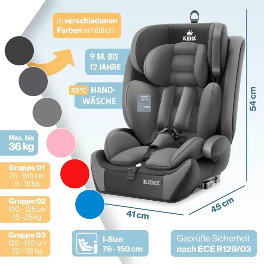 KIDIZ Siège auto pour enfant, avec groupe Isofix, groupe 1, 2 et 3, 9 à 36 kg, ceinture de sécurité 5 points, siège auto, appuie-tête réglable, rehausseur de siège évolutif de 1 à 12 ans, stable et