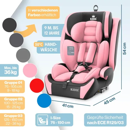 KIDIZ Siège auto pour enfant, avec groupe Isofix, groupe 1, 2 et 3, 9 à 36 kg, ceinture de sécurité 5 points, siège auto, appuie-tête réglable, rehausseur de siège évolutif de 1 à 12 ans, stable et