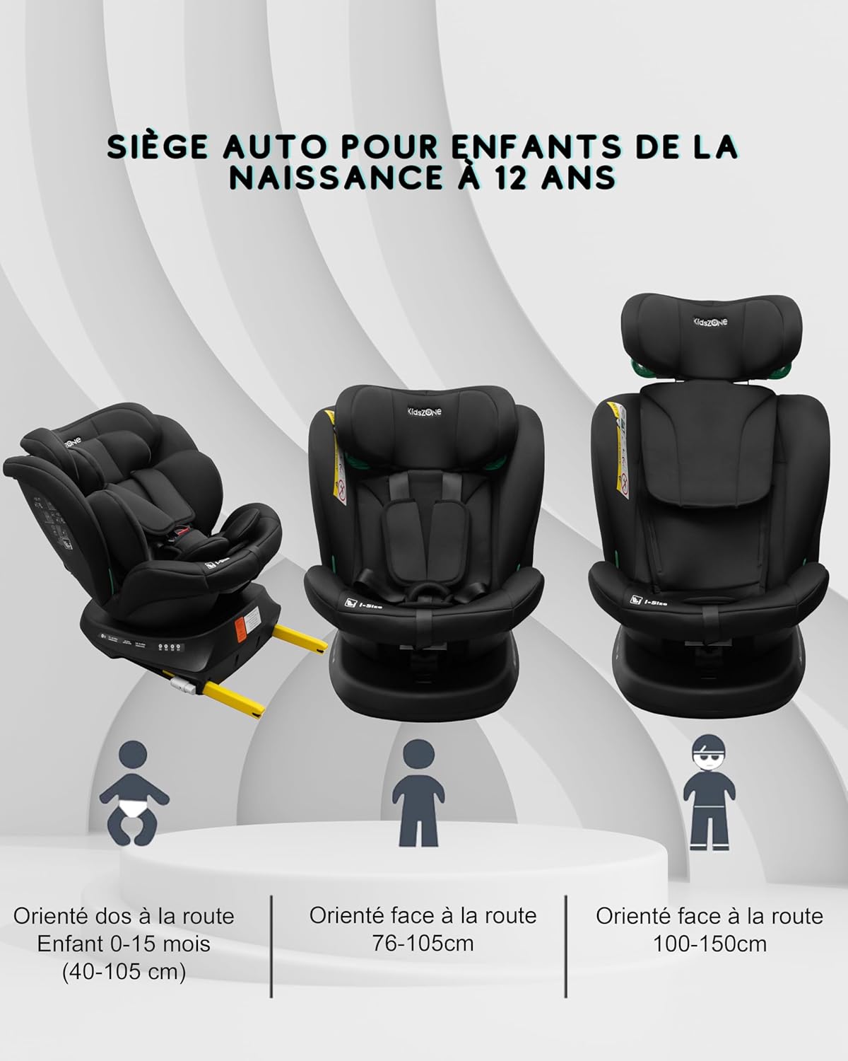 Siege Auto Bebe 0 à 36kg Isofix 0-12 ans, Groupe 0/1/2/3 - Siège Auto Pivotant 360° Évolutif 40-150cm i-Size - 9 Positions d'Appui-tête, 5 Positions d'Inclinaison Noir