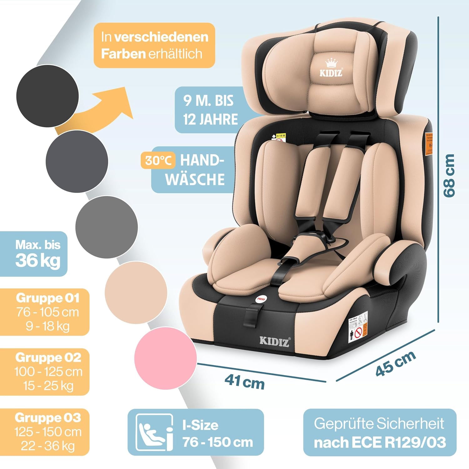 KIDIZ® Siège auto i-Size R129, de 100 à 150 cm, à 12 ans, groupe 1/2/3, sans Isofix, siège enfant évolutif, ceinture 5 points et appuie-tête réglable en hauteur, beige