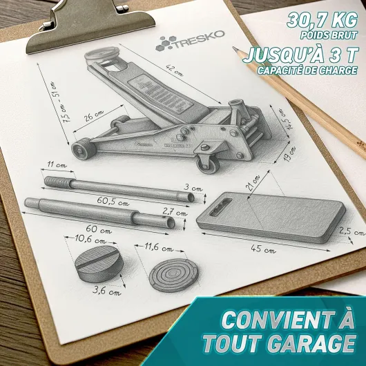 TRESKO Cric hydraulique 3 t - Hauteur de levage 75 à 510 mm - Cric hydraulique pour voiture - Cric plat avec double piston et roulettes à 360° - Avec 2 patins en caoutchouc, tapis de protection, gants Noir 3 Tonnes