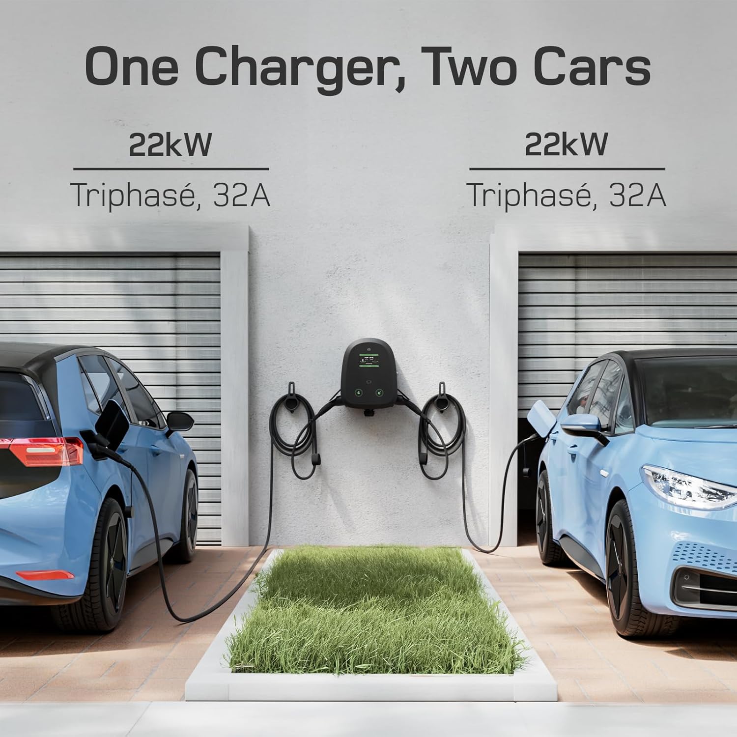 Borne de Recharge Double 2×22kW [2×32A, Triphasé] Wallbox 22kW avec Double Prise Type 2, Chargeur Voiture Electrique Contrôle par App et Écran Tactile, pour BEV/PHEV 2×22 kW avec prise de type 2