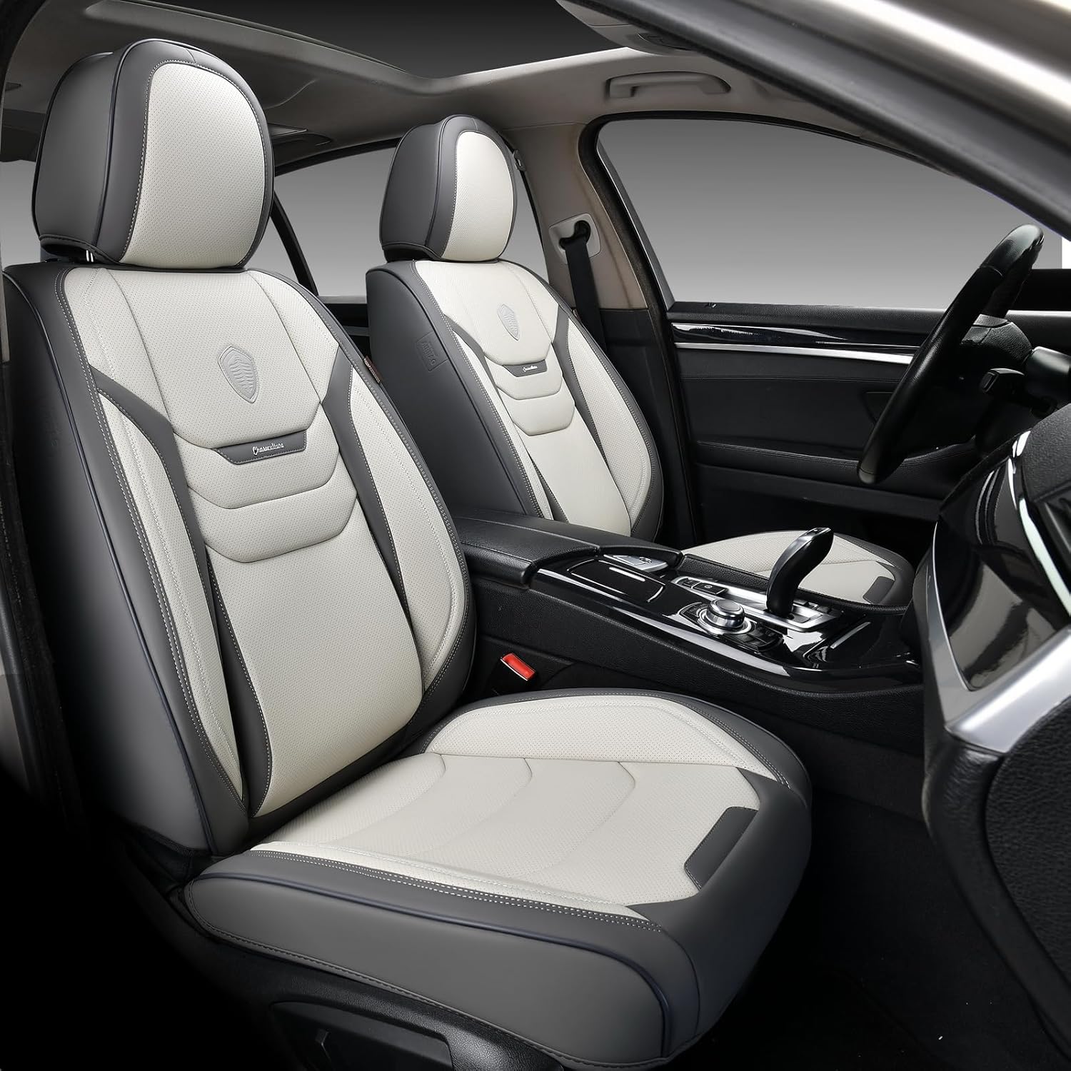 Housse de siège Voiture Cuir, Respirant Protection Siege Voiture Universelle pour 5 Places avec Soutien Lombaire, Ensembles de Housses de siège imperméable pour berline SUV Pick-up, Gris Gris-Type3 Ensemble complet