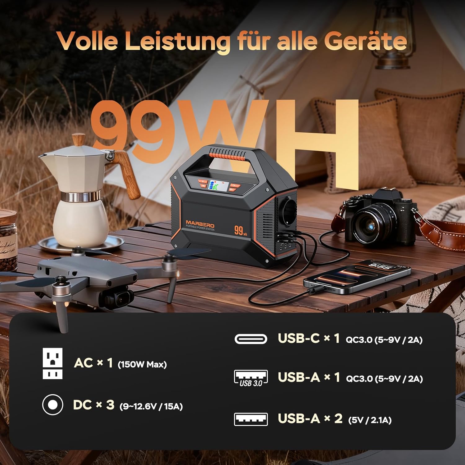 MARBERO Power Station 100W Batterie Externe 99Wh/27.000mAh Générateur Portable avec Prise EU Groupe Electrogene Silencieux, Lampe Torche SOS Pour Camping, Urgence Maison, Voyage & Bricolage Jaune Orange
