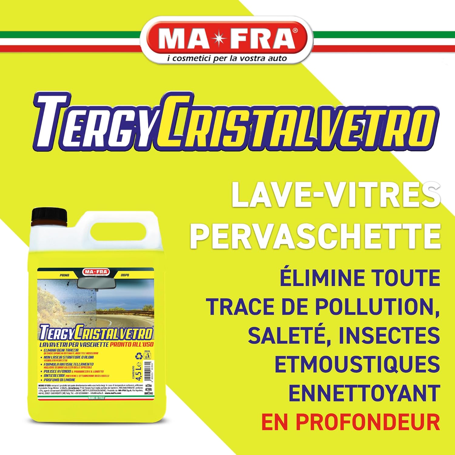 Ma-Fra, Tergy - Verre liquide lave-glace pour baignoires, prêt à l'emploi, anticalcaire, ne laisse pas de halos, parfum de citron, réservoir de 4500 ml 4,5 l (Lot de 1)