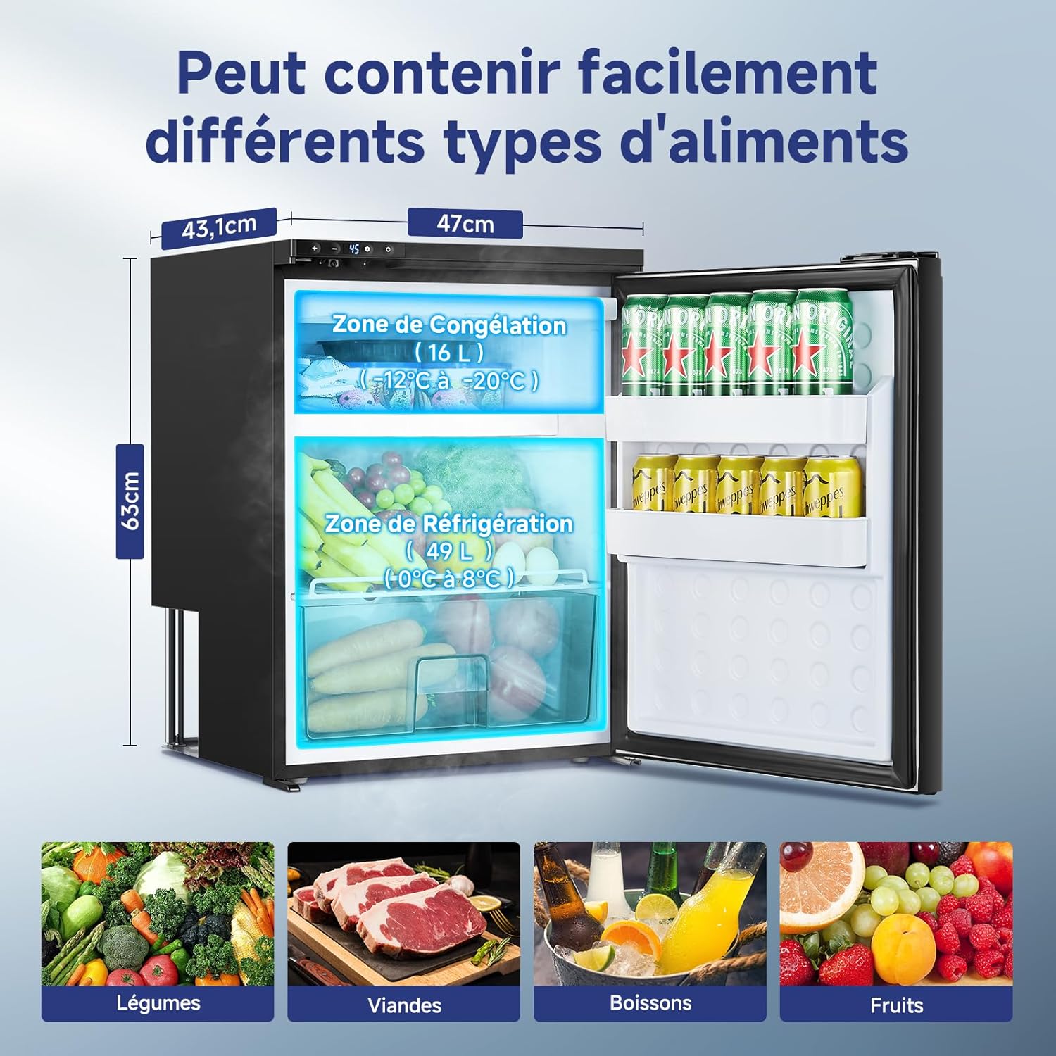 65L Glaciere Electrique, Glaciere a Compression avec APP, Eclairage LED, 12V/24V, Glacière Électrique Jusqu'à -20°C, Pour Voitures, Camions, Caravanes, Bateaux, Camping et Voyages