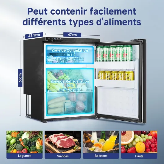 65L Glaciere Electrique, Glaciere a Compression avec APP, Eclairage LED, 12V/24V, Glacière Électrique Jusqu'à -20°C, Pour Voitures, Camions, Caravanes, Bateaux, Camping et Voyages