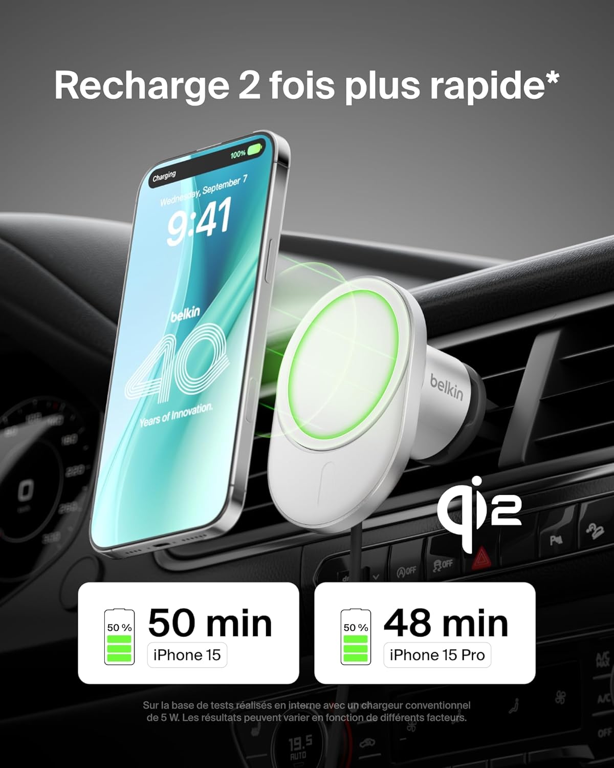 BoostCharge Pro Chargeur de Voiture Magnétique sans Fil avec Qi2 (15W), Chargeur Compatible MagSafe pour Tous Les modèles de l'iPhone 17, iPhone Air, Câble USB-C et Adaptateur 20W Inclus Magnetic Charging Mount + Car Charger