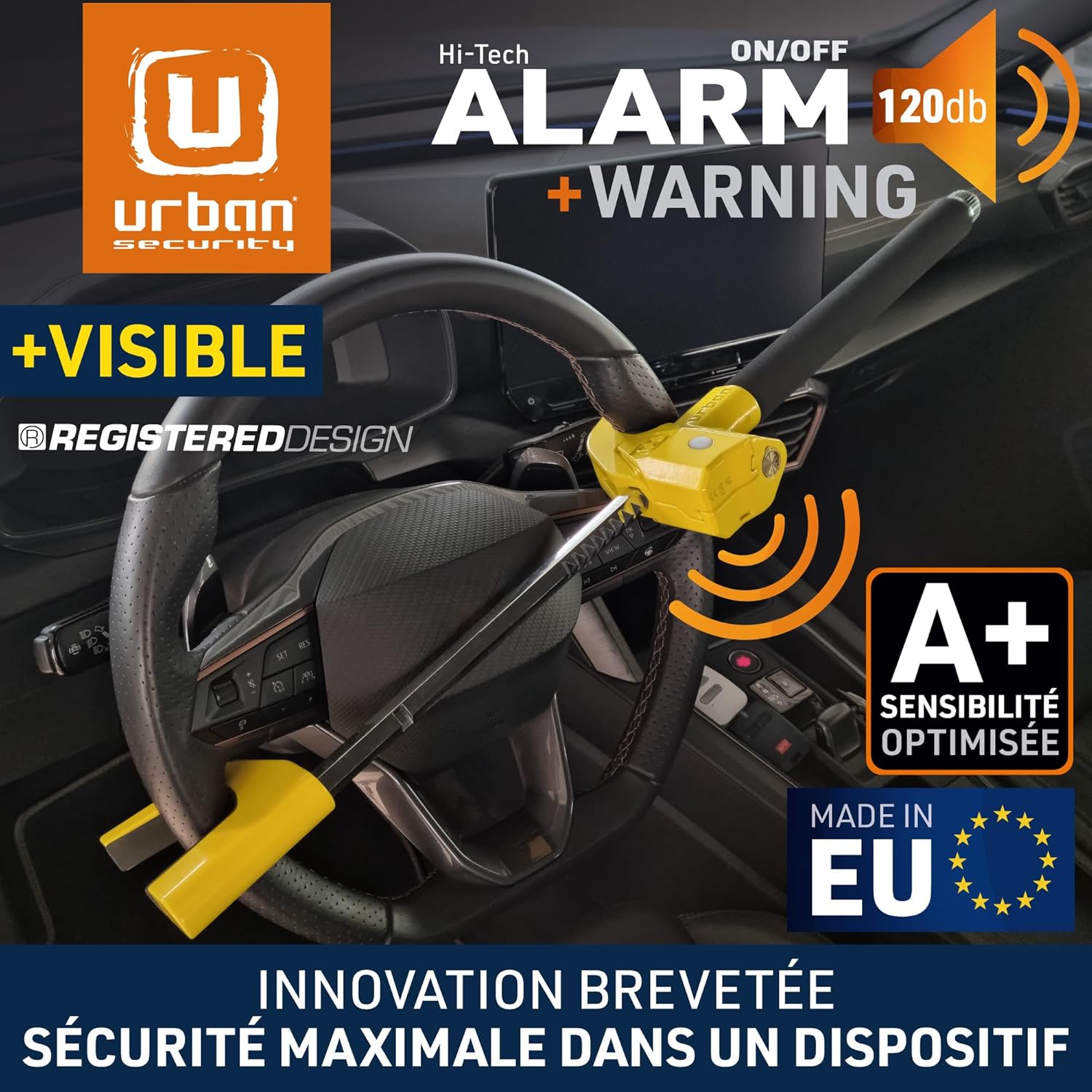 UR978Y Antivol Voiture Double Sécurité - Canne Antivol Voiture + Alarme Hi-Tech 120dB LED Warning - Sûr, Dissuassif, Résisté Tentative Vol - Bloque Volant Breveté, Barre Bloc Auto Universelle Avec Alarme