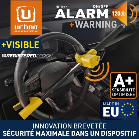 UR978Y Antivol Voiture Double Sécurité - Canne Antivol Voiture + Alarme Hi-Tech 120dB LED Warning - Sûr, Dissuassif, Résisté Tentative Vol - Bloque Volant Breveté, Barre Bloc Auto Universelle Avec Alarme