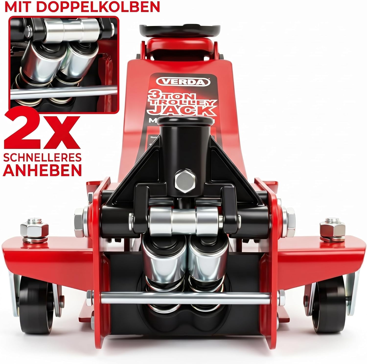 Verda Cric hydraulique rouleur 3T Profil Bas, Hauteur de Levage 75–515 mm, Double Pompe, poignée en D et pédale au Pied, graisseur, 2 Patins en Caoutchouc, cric Voiture pour Auto et SUV