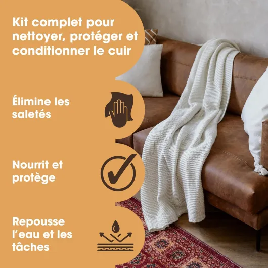 Furniture Clinic Kit d’Entretien Complet du Cuir Nettoyant Cuir & Crème Protectrice Cuir pour Canapés, Sièges de Voiture - Nettoyant Cuir Ultra 500 ML & Conditionneur Cuir 500 ML, Éponges