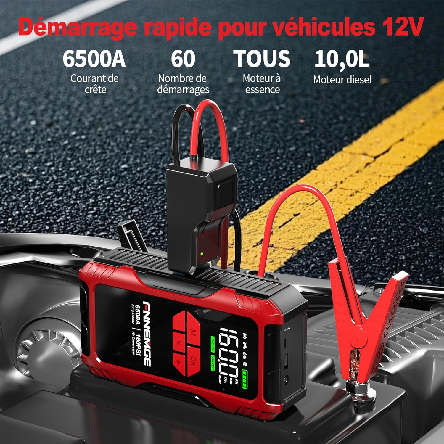 FNNEMGE Booster Batterie Voiture 6500A 26800mAh avec 160PSI Compresseur D’Air, Jump Starter (jusqu'à Tout Le Essence, Moteur Gazole 10,0L), avec Port de Charge USB, Deux lumière LED,HD Écran Large.
