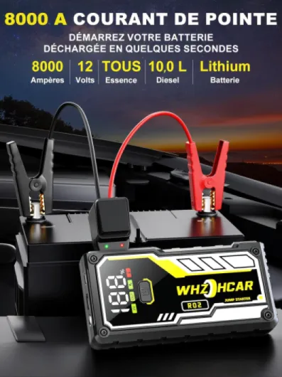Booster Batterie Voiture 8000A Démarreur Batterie Portable（Jusqu'à Tous GAS/10L Diesel） Jump Starter 12V avec Pinces de Sûreté Intelligentes,LED，Grand Ecran d'affiche Noir
