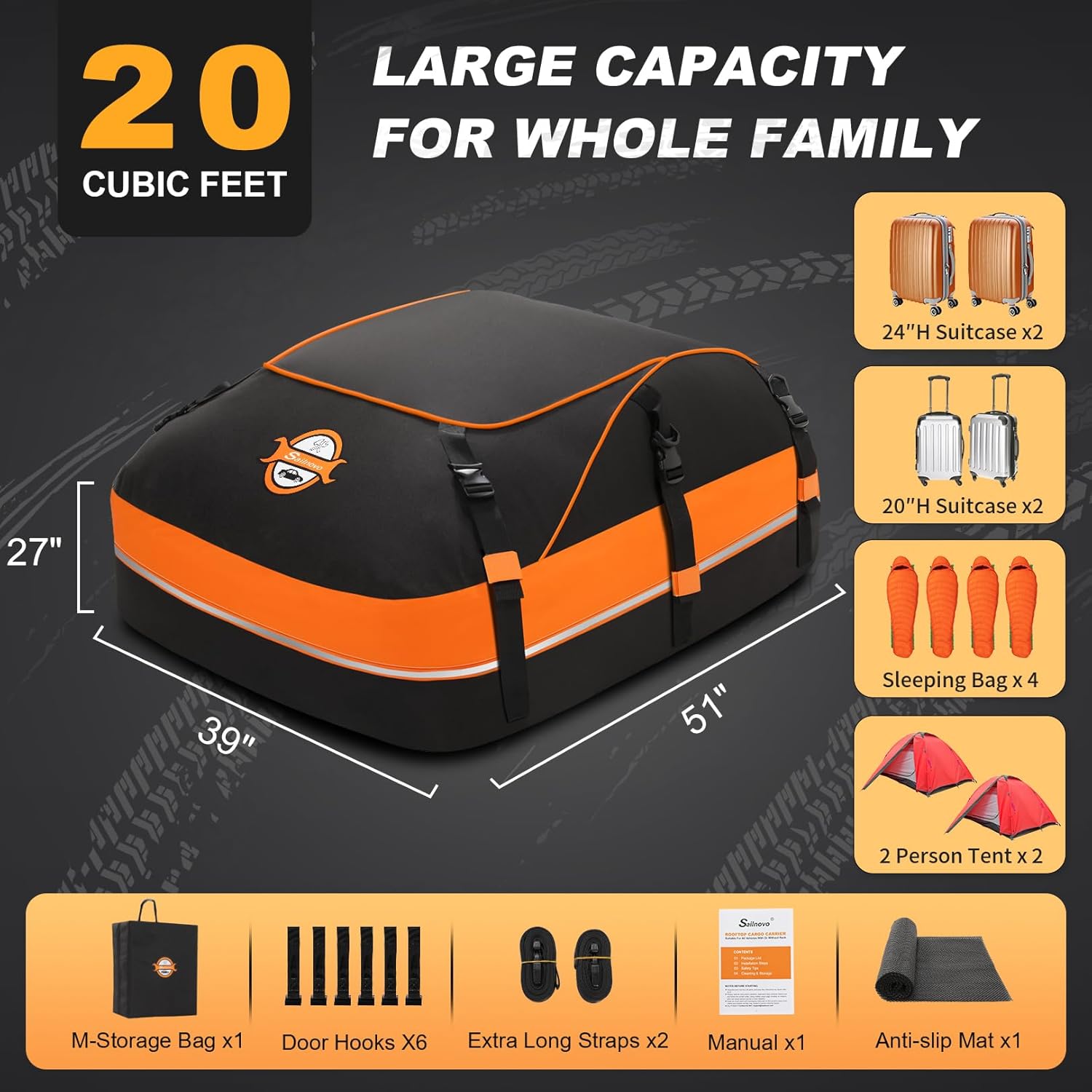 Coffre de Toit Voiture Souple Pliable Étanche 580L, Sac de Toit Voiture pour Voyage avec Sangles Renforcées/Crochets de Porte (20 CU.ft., sans/avec Barres de Toit) Orange 580 L