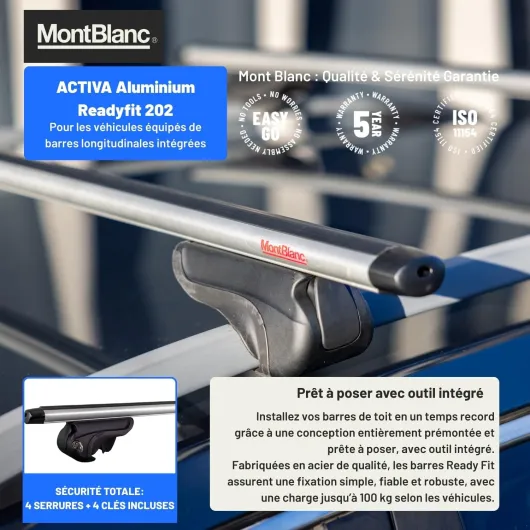 Mont Blanc Activa Ready Fit 202 Aluminium – 2 Barres de Toit pour Barres longitudinales intégrées – Prêtes à Poser - Rainure en T – Charge Jusqu’à 100 kg – 4 serrures – Garantie 5 Ans
