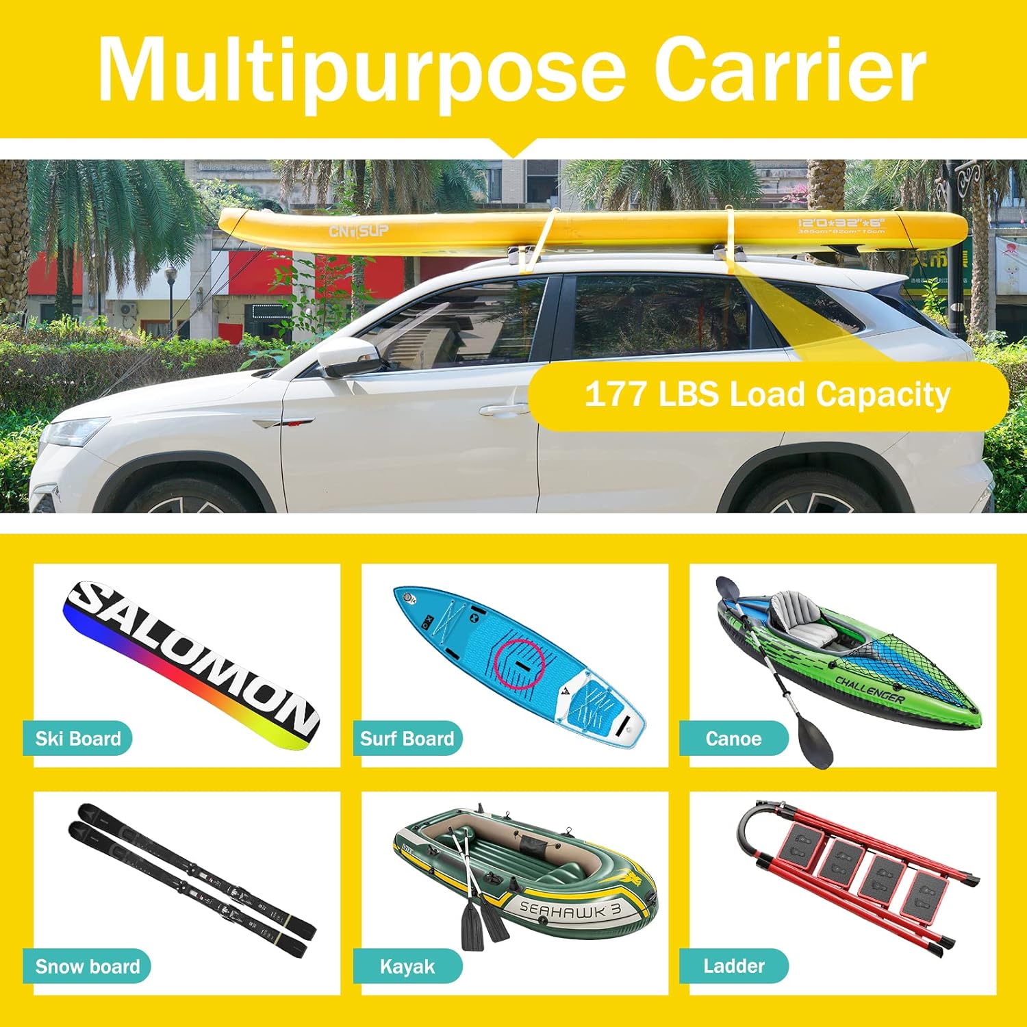 Barre De Toit Souples Universelles Porte-Bagages Toit -De Voiture pour Kayak Planche À Voile Sup Canoë Snowboard Gain De Place pour Porte-Bagages Facile À Installer Utilisation sans barres de toit