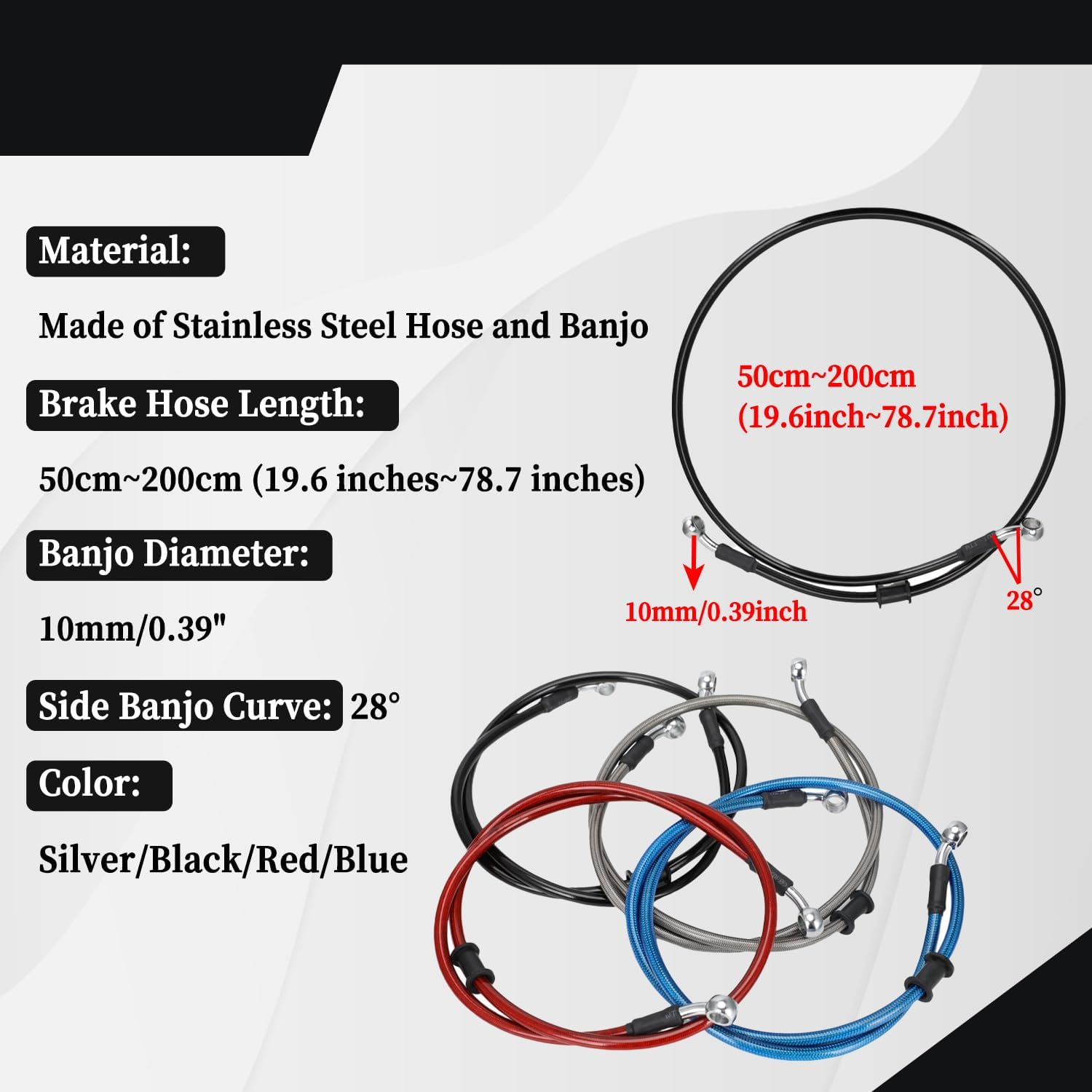 JFG Racing Durite hydraulique renforcée argentée pour frein, embrayage de motocross Dirt Bike enduro, 500 mm-2000 mm 150cm