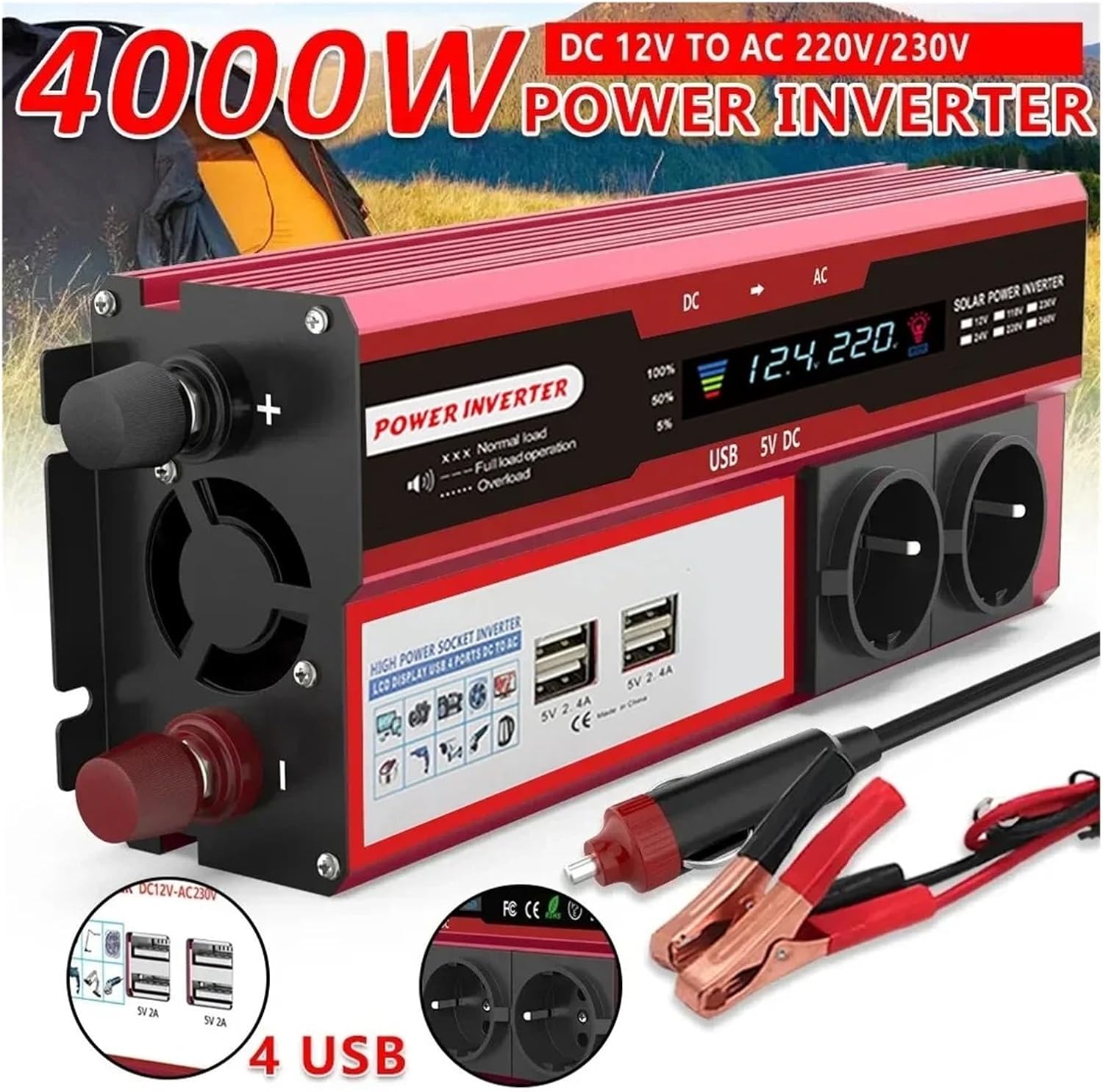 Convertisseur Tension Onduleur 4000 W 3000 W DC 12 V vers AC 220 V 230 V pour Camping-Car Téléphone Voiture Transformateur avec 4 Prises USB UE Affichage LED(4000W)