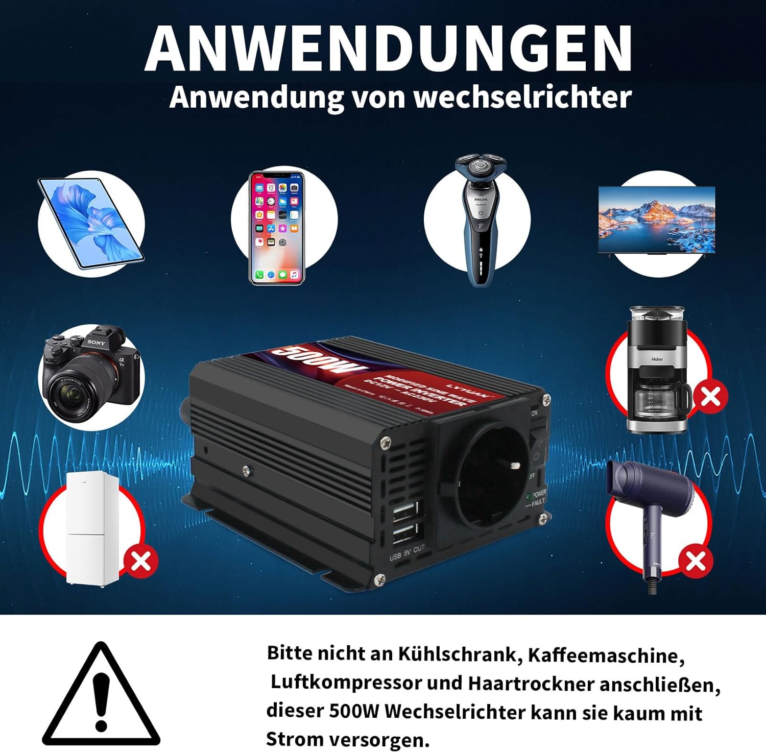 Convertisseur 12V 220V 500W Convertisseur de Tension, Onduleur avec Double Connexion USB et Prises EU, Inverter 12V500WA