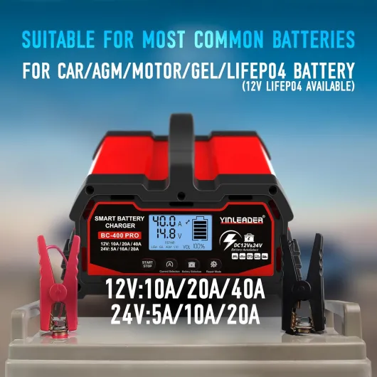 Chargeur de Batterie Intelligent 40A 12V/24V 20A/10A, Chargeur de Voiture LCD, mainteneur de Batterie pour AGM, Moto, 12V LiFePO4 40A max