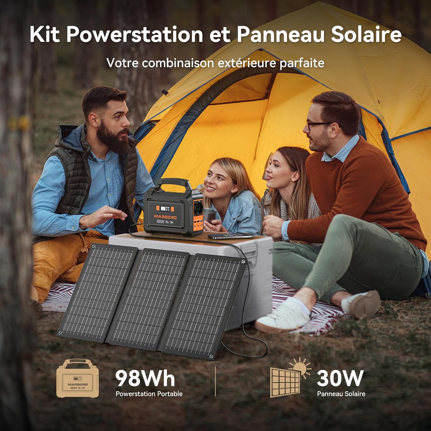 MARBERO Station Électrique Portable 98Wh avec Panneau Solaire Pliable 30W Générateur Solaire 26.400mAh Batterie Externe avec Sorties CC pour Road Trip Aventure Camping Maison Orange Noir