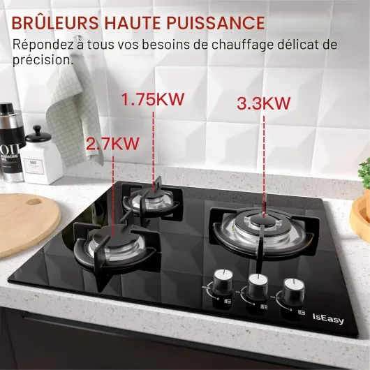 Plaque Gaz 3 Feux, Plaque de Cuisson à Gaz 3 Foyers, Table de Cuison 60cm Encastrable, Naturel/Propane (3 Brûleurs)