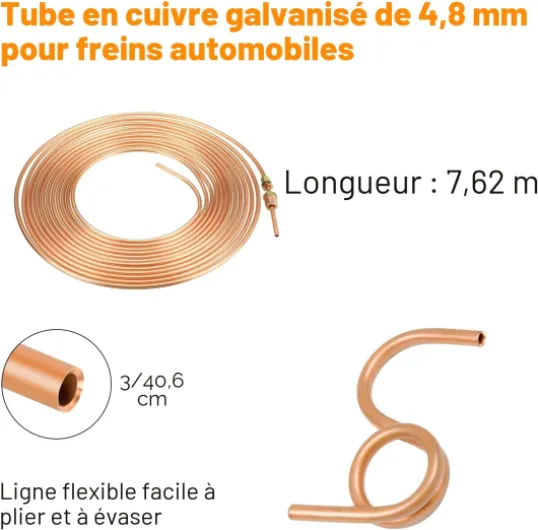 Kit Tuyau Frein Voiture, 7,62m de Ø4,75mm + Ø6,35 mm en Acier Cuivré avec 32 Raccords de Durite de Frein + 10 Connecteurs, IdéAl Pour Les SystèMes De Freinage Hydrauliques De Voiture