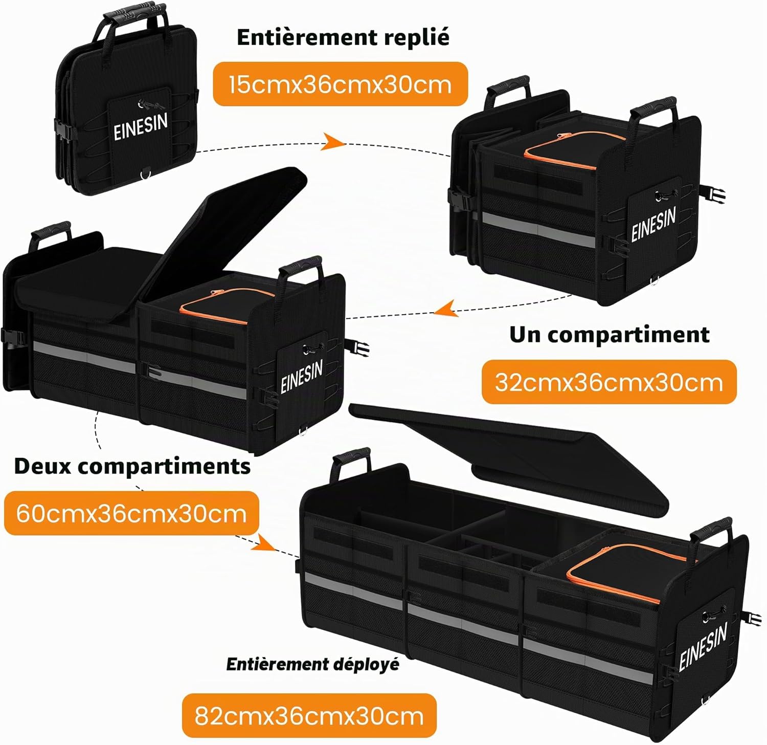Rangement Coffre de Voiture Organisateur Coffre 88L avec 22L Sac Isolant Amovible, 7 Compartiments Ajustables, Sac De Rangement Pliable avec Couvercle, Fond Antidérapant 82x36x30 cm
