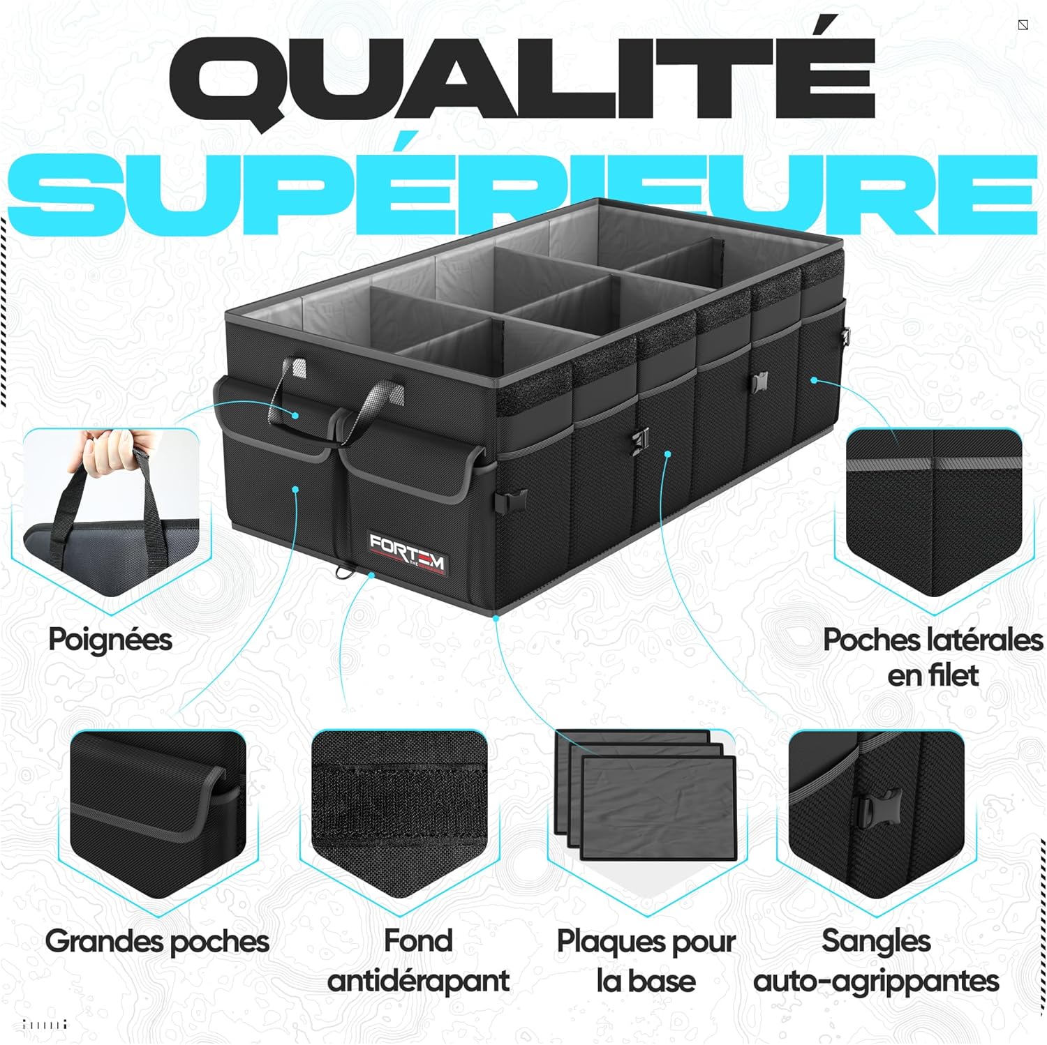 Rangement Coffre de Voiture, Pratique et Spacieux, Boite Rangement voiture interieur pliable, Organisateur de Coffre Fond Antidérapant, Sangles de Sécurité et couvercle souple, Car Accessories Noir 85 L