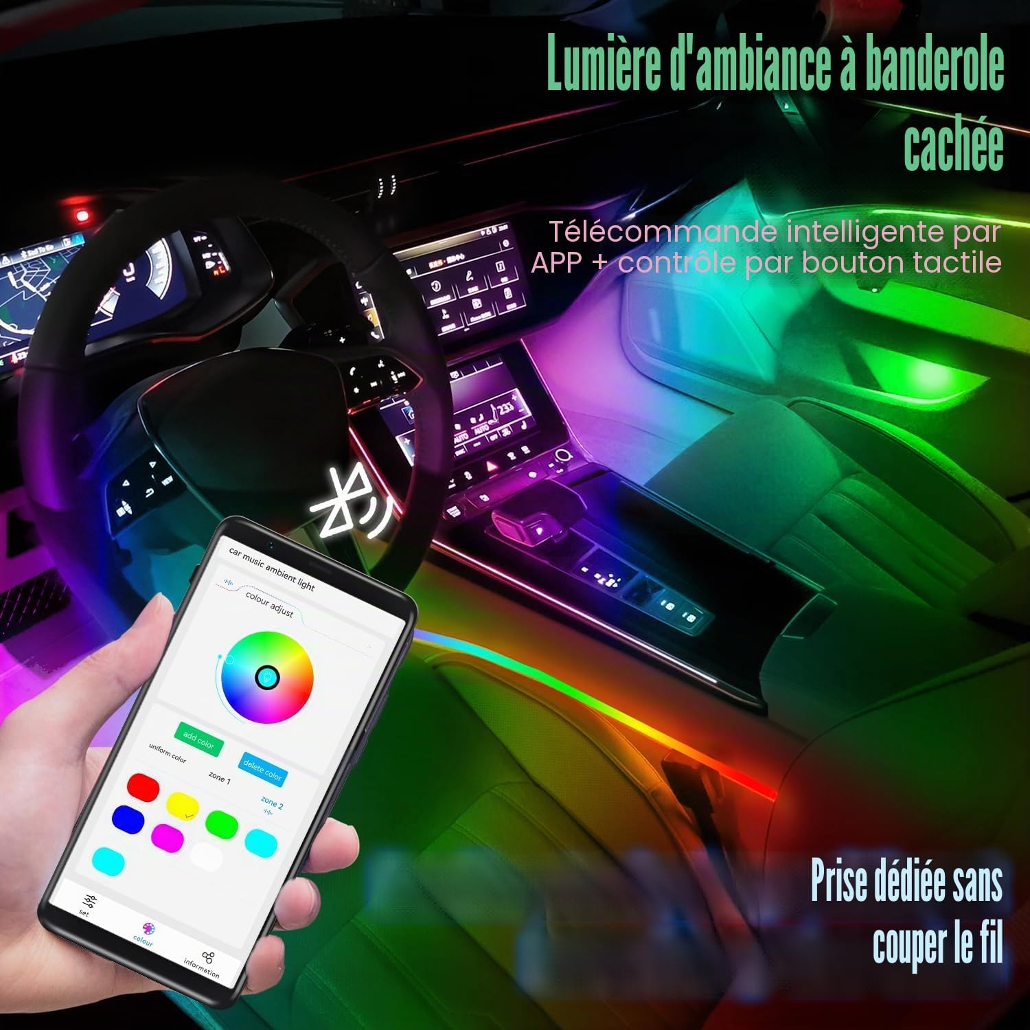 Lumières ambiantes d'intérieur de Voiture, HMYC 18 en 1 128 Bandes de Fibre Optique LED colorées, atmosphère symphonique de décoration Multi-Modes Universelle avec Rythme Musical par APP Control 18 in 1 Colorful Kit