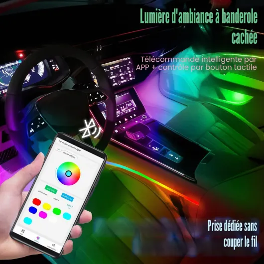 Lumières ambiantes d'intérieur de Voiture, HMYC 18 en 1 128 Bandes de Fibre Optique LED colorées, atmosphère symphonique de décoration Multi-Modes Universelle avec Rythme Musical par APP Control 18 in 1 Colorful Kit