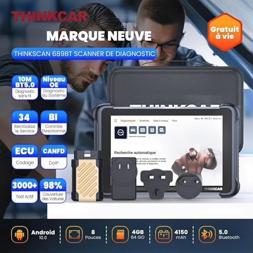 ThinkScan 689BT Valise Diagnostic Auto et Film de Protection en Verre Trempé, Diagnostic Automobile Complet, Scanner pour Voiture avec Test d'action, 34+ Réinitialisation, FCA Autoauth, CANFD&DoIP