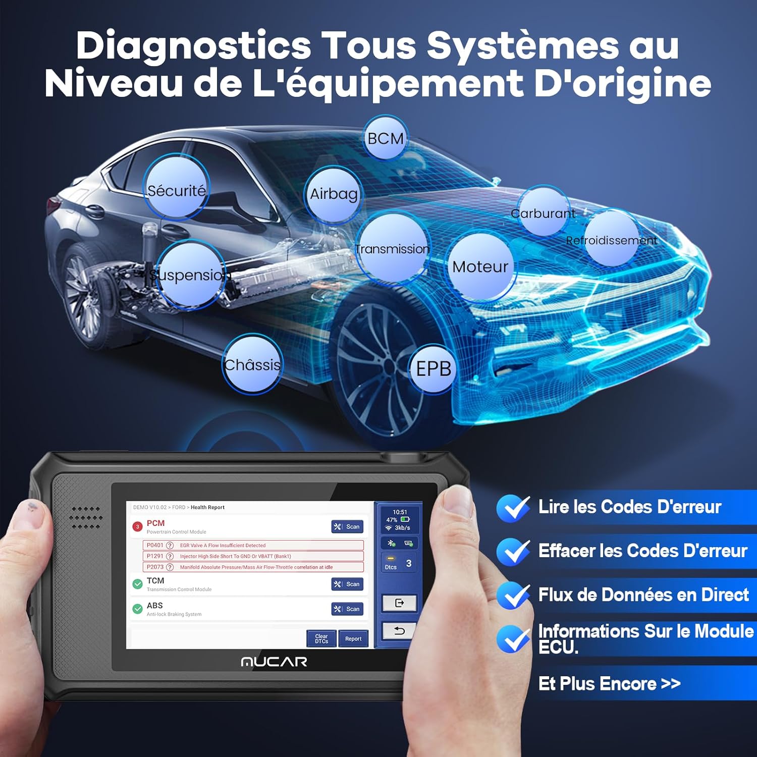 VO6 Valise Diagnostic Auto, Outil D'analyse Complet des Systèmes sans Fil de Niveau OE avec Scanner de Voiture à 28 Réinitialisation, Codage ECU, Bidirectionnel VO6-FR