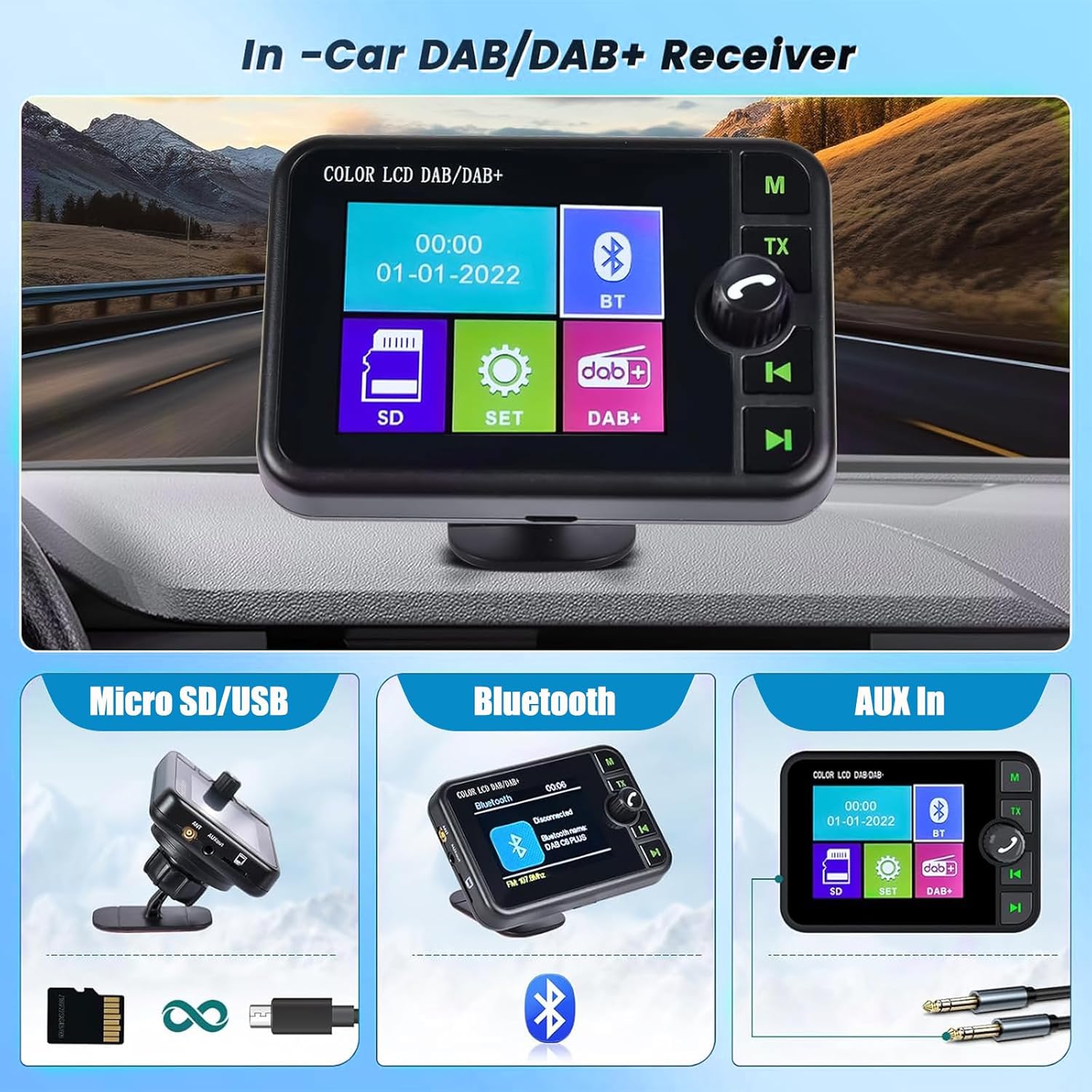 Dab Adaptateur pour Autoradio 2,4'' LCD Portable Dab+ Autoradio Adaptateur avec FM Audio Transmetteur/Bluetooth Mains Libres/Bluetooth Musique/AUX in&Out/Supporte TF Carte
