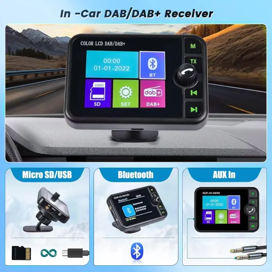 Dab Adaptateur pour Autoradio 2,4'' LCD Portable Dab+ Autoradio Adaptateur avec FM Audio Transmetteur/Bluetooth Mains Libres/Bluetooth Musique/AUX in&Out/Supporte TF Carte
